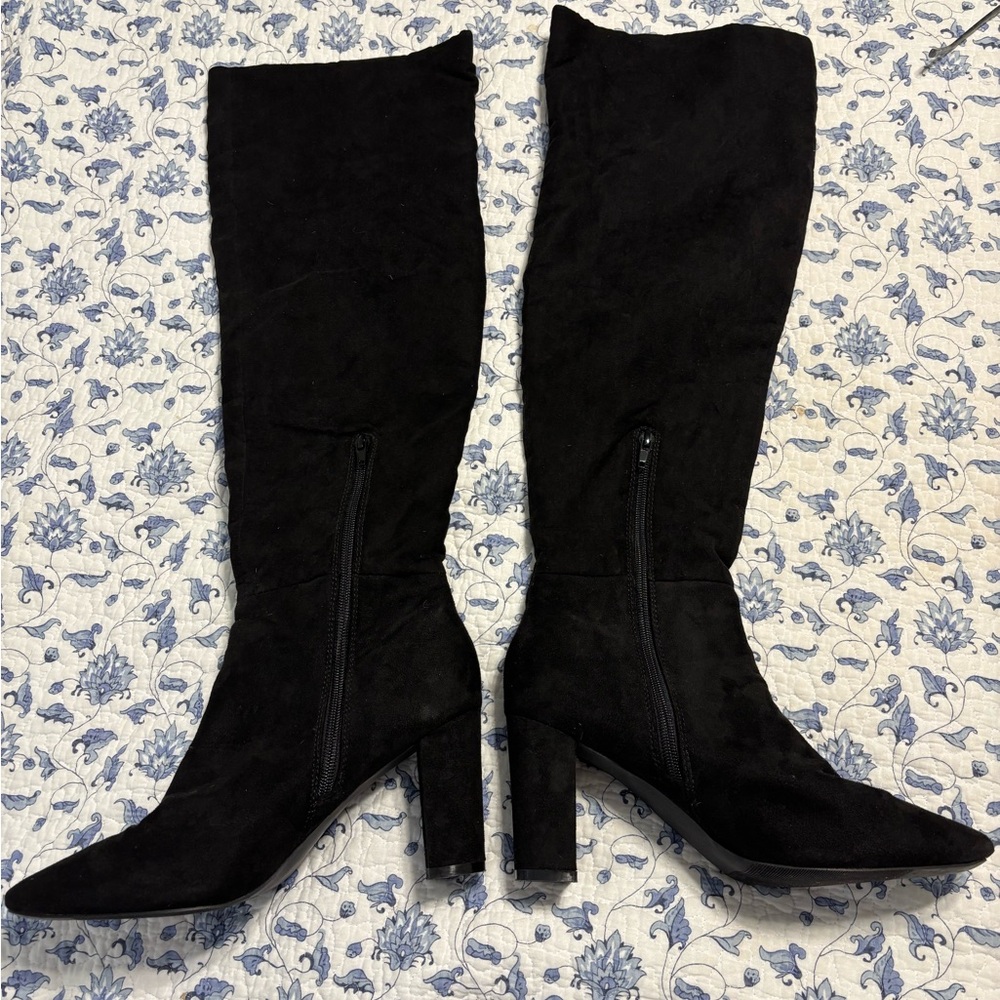 Over-the-Knee Black Suede Boots with Block Heel